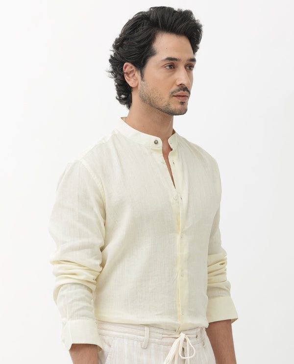 Rare Rabbit Men's Cinex Pastel Yellow Full Sleeve Mandarin Collar Solid Linen Shirt