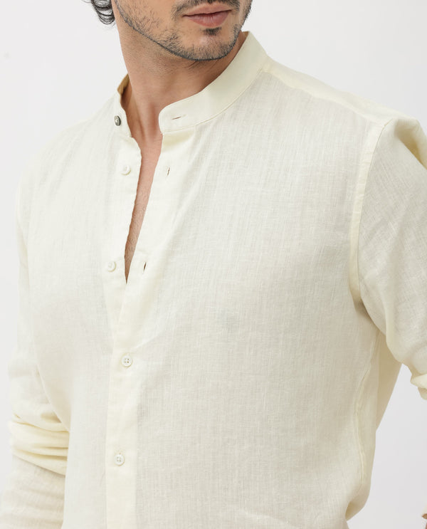 Rare Rabbit Men's Cinex Pastel Yellow Full Sleeve Mandarin Collar Solid Linen Shirt