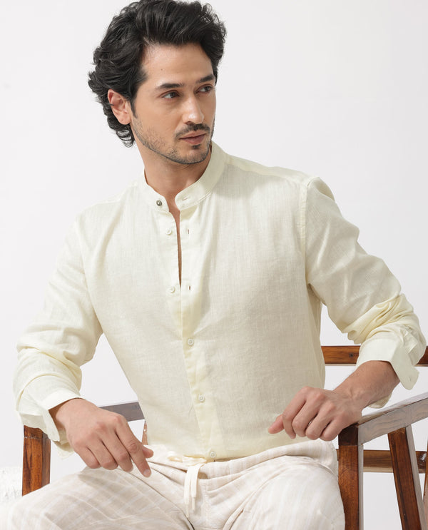 Rare Rabbit Men's Cinex Pastel Yellow Full Sleeve Mandarin Collar Solid Linen Shirt