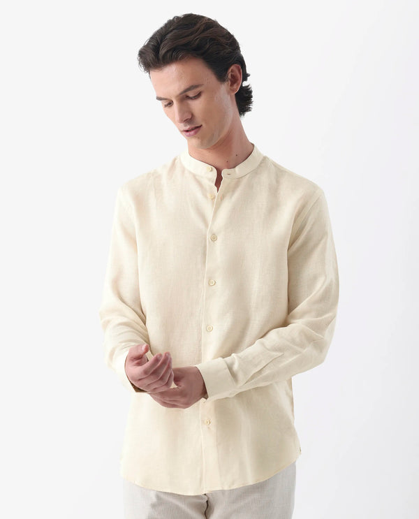 Rare Rabbit Men Cinex Ls-25 Off White Linen Blend Fabric Full Sleeve Mandarin Collar Button Closure Regular Fit Plain Shirt