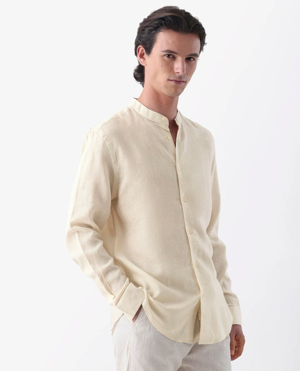 Rare Rabbit Men Cinex Ls-25 Off White Linen Blend Fabric Full Sleeve Mandarin Collar Button Closure Regular Fit Plain Shirt