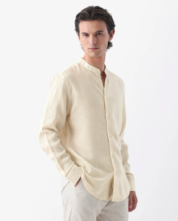 Rare Rabbit Men Cinex Ls-25 Off White Linen Blend Fabric Full Sleeve Mandarin Collar Button Closure Regular Fit Plain Shirt