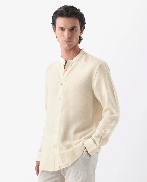 Rare Rabbit Men Cinex Ls-25 Off White Linen Blend Fabric Full Sleeve Mandarin Collar Button Closure Regular Fit Plain Shirt