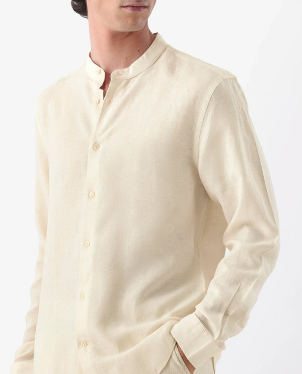 Rare Rabbit Men Cinex Ls-25 Off White Linen Blend Fabric Full Sleeve Mandarin Collar Button Closure Regular Fit Plain Shirt