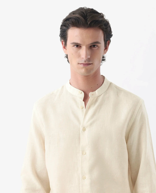 Rare Rabbit Men Cinex Ls-25 Off White Linen Blend Fabric Full Sleeve Mandarin Collar Button Closure Regular Fit Plain Shirt