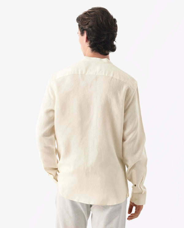 Rare Rabbit Men Cinex Ls-25 Off White Linen Blend Fabric Full Sleeve Mandarin Collar Button Closure Regular Fit Plain Shirt