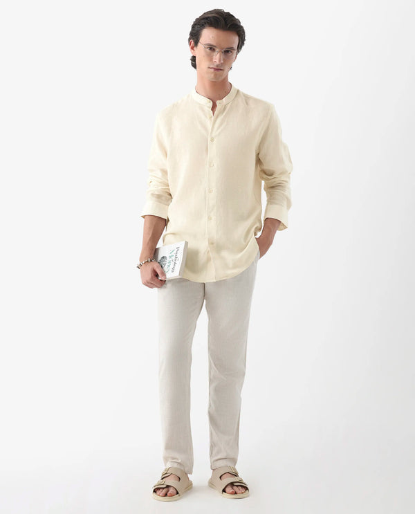 Rare Rabbit Men Cinex Ls-25 Off White Linen Blend Fabric Full Sleeve Mandarin Collar Button Closure Regular Fit Plain Shirt