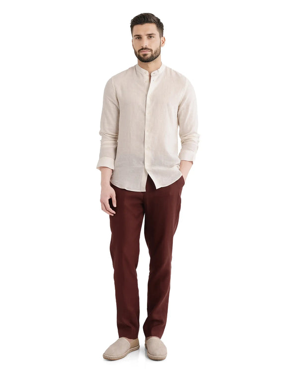 Rare Rabbit Men Cinex Ls-25 Off White Linen Blend Fabric Full Sleeve Mandarin Collar Button Closure Regular Fit Plain Shirt