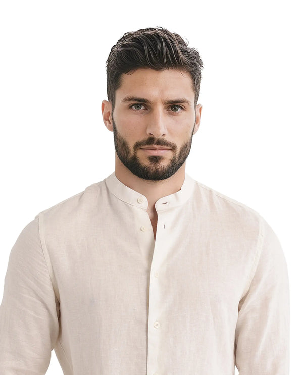 Rare Rabbit Men Cinex Ls-25 Off White Linen Blend Fabric Full Sleeve Mandarin Collar Button Closure Regular Fit Plain Shirt