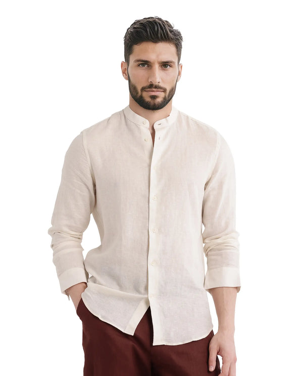 Rare Rabbit Men Cinex Ls-25 Off White Linen Blend Fabric Full Sleeve Mandarin Collar Button Closure Regular Fit Plain Shirt
