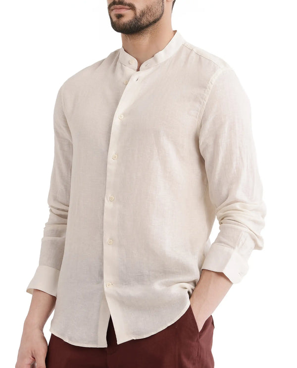 Rare Rabbit Men Cinex Ls-25 Off White Linen Blend Fabric Full Sleeve Mandarin Collar Button Closure Regular Fit Plain Shirt