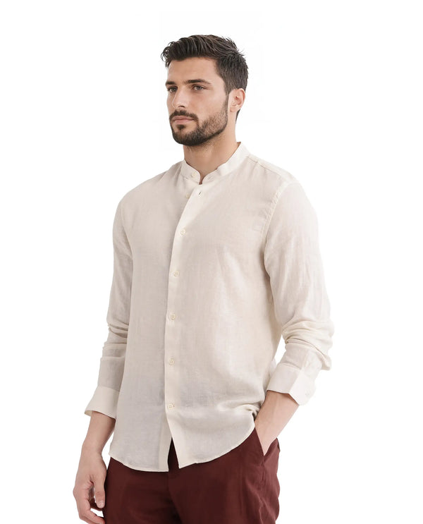 Rare Rabbit Men Cinex Ls-25 Off White Linen Blend Fabric Full Sleeve Mandarin Collar Button Closure Regular Fit Plain Shirt