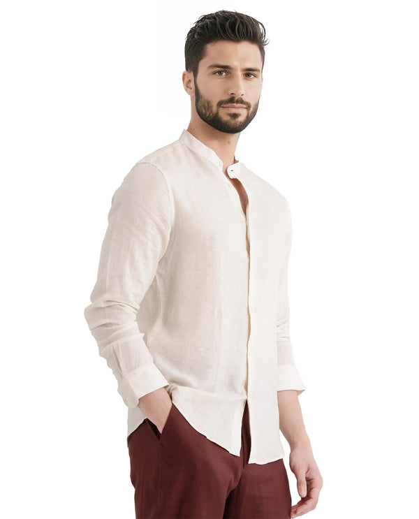 Rare Rabbit Men Cinex Ls-25 Off White Linen Blend Fabric Full Sleeve Mandarin Collar Button Closure Regular Fit Plain Shirt