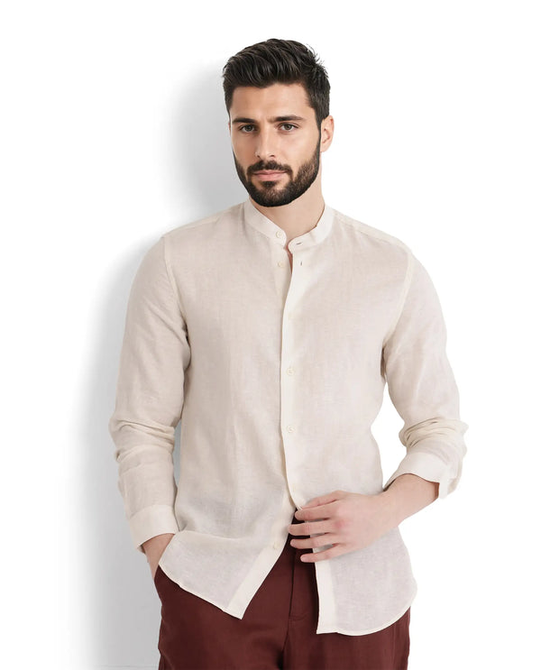 Rare Rabbit Men Cinex Ls-25 Off White Linen Blend Fabric Full Sleeve Mandarin Collar Button Closure Regular Fit Plain Shirt