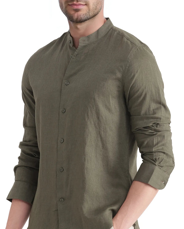 Rare Rabbit Men Cinex Ls-25 Olive Linen Blend Fabric Full Sleeve Mandarin Collar Button Closure Regular Fit Plain Shirt
