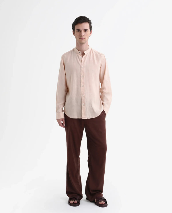 Rare Rabbit Men's Cinex Pastel Peach Linen Fabric Mandarin Collar Full Sleeve Solid Shirt