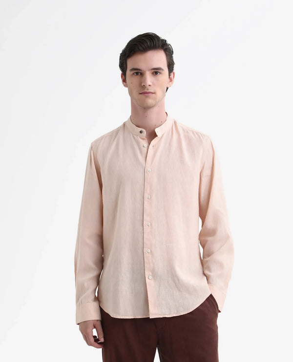 Rare Rabbit Men's Cinex Pastel Peach Linen Fabric Mandarin Collar Full Sleeve Solid Shirt