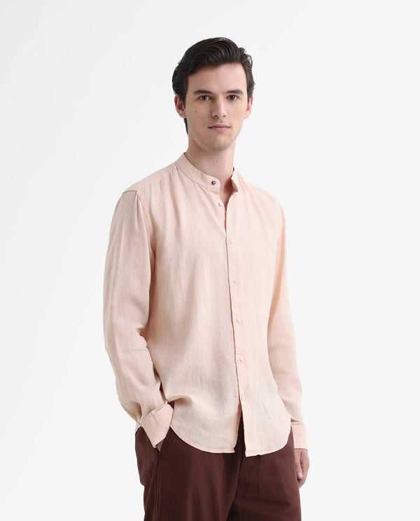 Rare Rabbit Men's Cinex Pastel Peach Linen Fabric Mandarin Collar Full Sleeve Solid Shirt