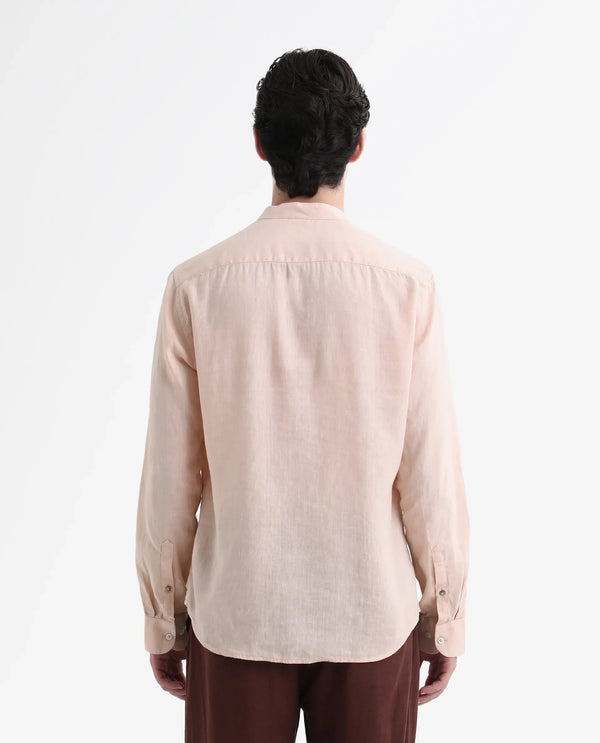 Rare Rabbit Men's Cinex Pastel Peach Linen Fabric Mandarin Collar Full Sleeve Solid Shirt