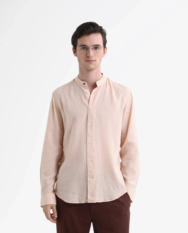 Rare Rabbit Men's Cinex Pastel Peach Linen Fabric Mandarin Collar Full Sleeve Solid Shirt