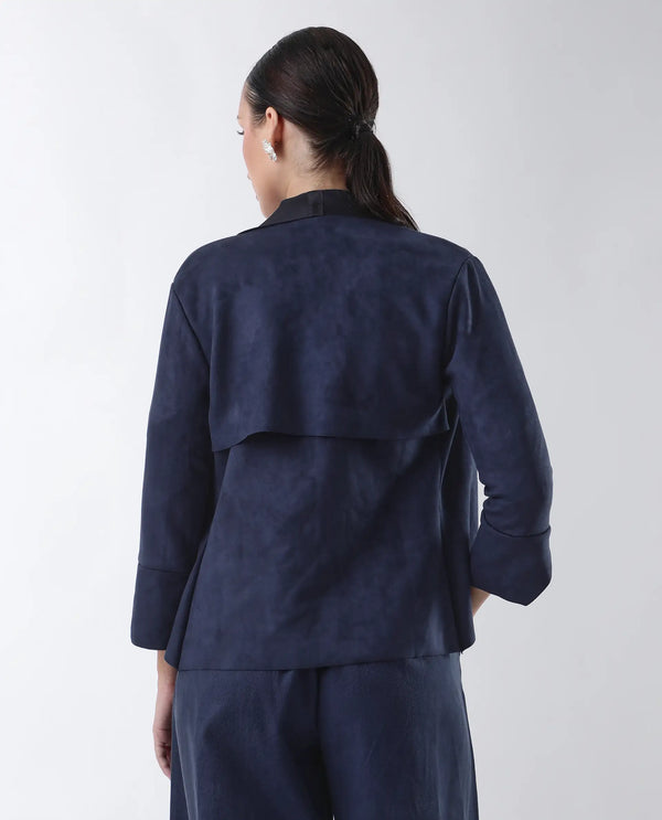 Rareism Women Cinnamon Navy Polyester Fabric Cowl Neck Full Sleeve Relaxed Fit Solid Jacket