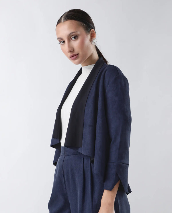 Rareism Women Cinnamon Navy Polyester Fabric Cowl Neck Full Sleeve Relaxed Fit Solid Jacket