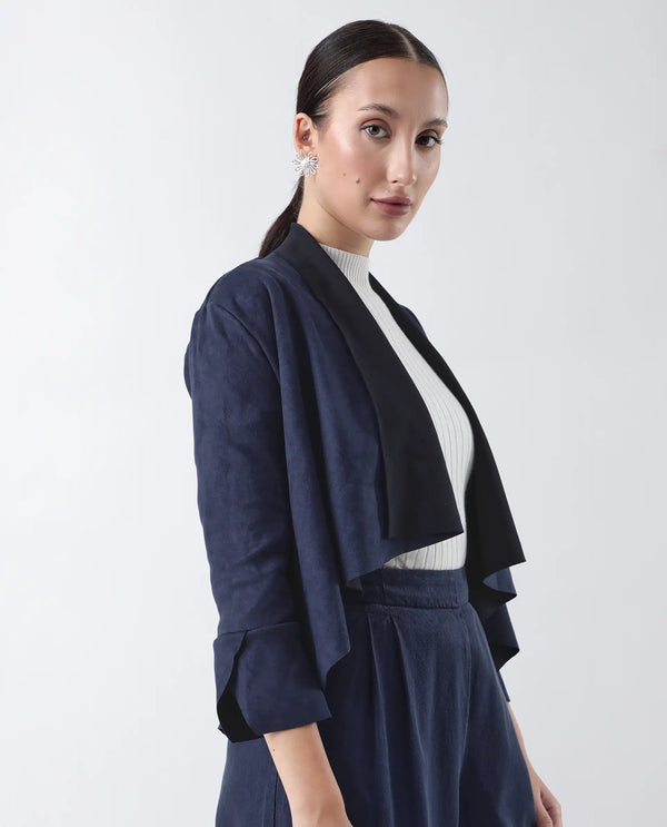 Rareism Women Cinnamon Navy Polyester Fabric Cowl Neck Full Sleeve Relaxed Fit Solid Jacket