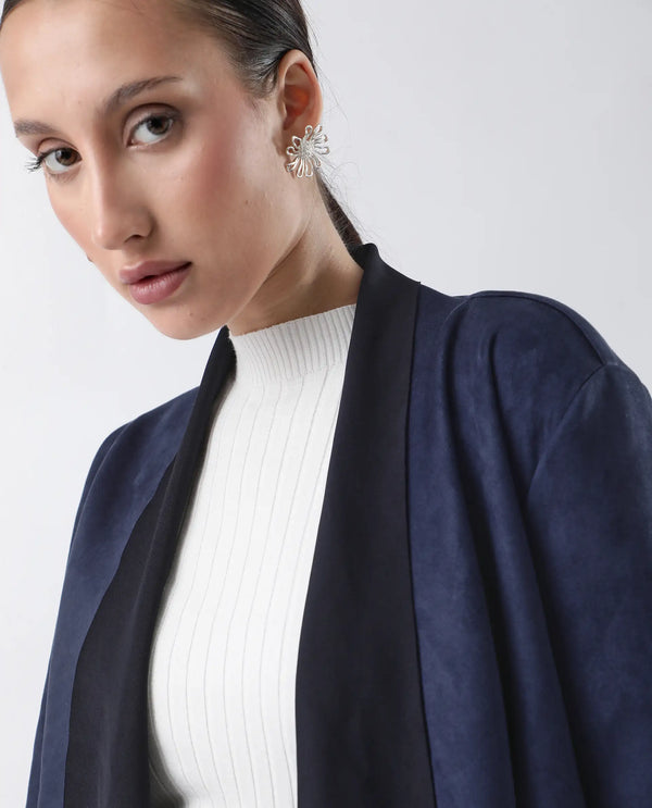 Rareism Women Cinnamon Navy Polyester Fabric Cowl Neck Full Sleeve Relaxed Fit Solid Jacket