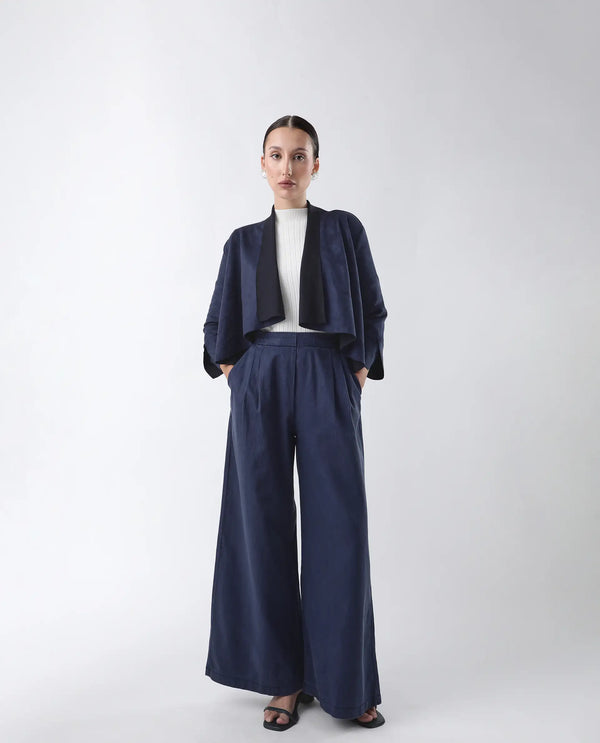 Rareism Women Cinnamon Navy Polyester Fabric Cowl Neck Full Sleeve Relaxed Fit Solid Jacket
