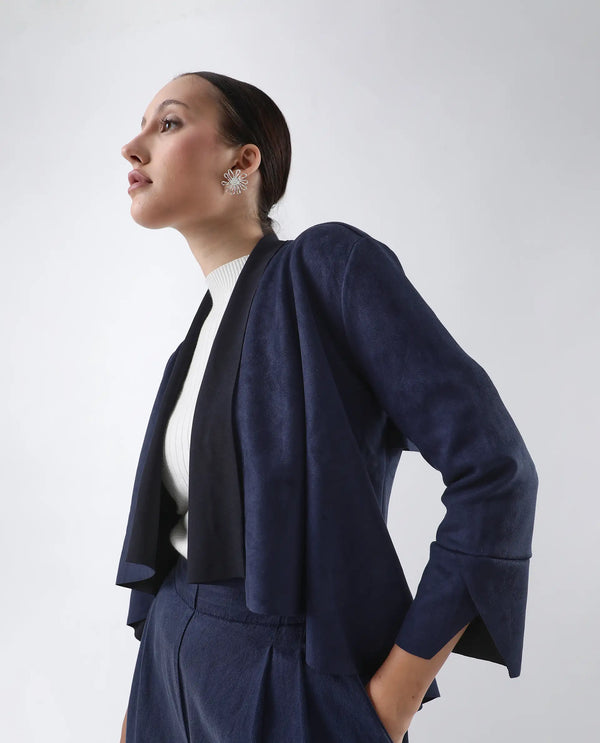 Rareism Women Cinnamon Navy Polyester Fabric Cowl Neck Full Sleeve Relaxed Fit Solid Jacket