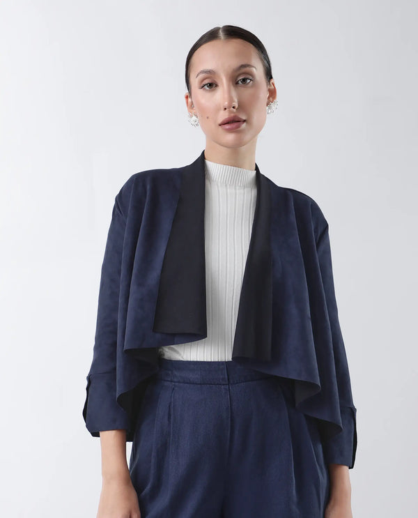 Rareism Women Cinnamon Navy Polyester Fabric Cowl Neck Full Sleeve Relaxed Fit Solid Jacket
