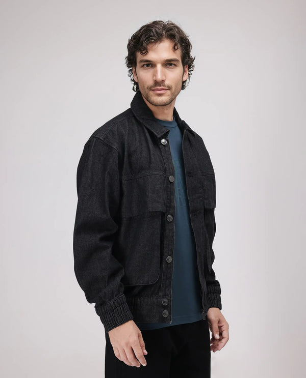 Rare Rabbit Men's Circe Black Cotton Fabric Full Sleeve Spread Collar Oversized Fit Plain Jacket