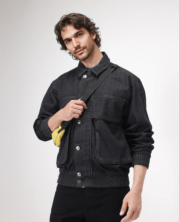 Rare Rabbit Men's Circe Black Cotton Fabric Full Sleeve Spread Collar Oversized Fit Plain Jacket