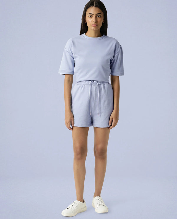 Rareism Women Ciri Light Blue Cotton Poly Fabric Relaxed Fit Solid Mid Rise Shorts