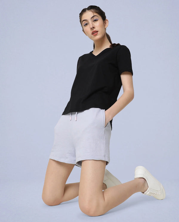 Rareism Women Ciri Light Blue Cotton Poly Fabric Relaxed Fit Solid Mid Rise Shorts