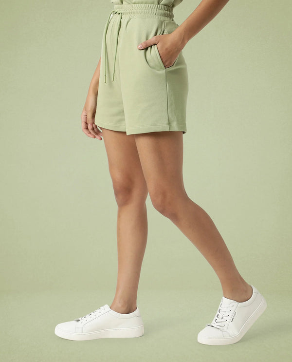 Rareism Women Ciri Light Green Cotton Poly Fabric Relaxed Fit Solid Mid Rise Shorts