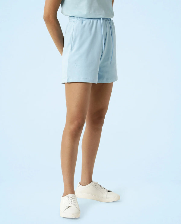 Rareism Women Ciri Blue Cotton Poly Fabric Relaxed Fit Solid Mid Rise Shorts