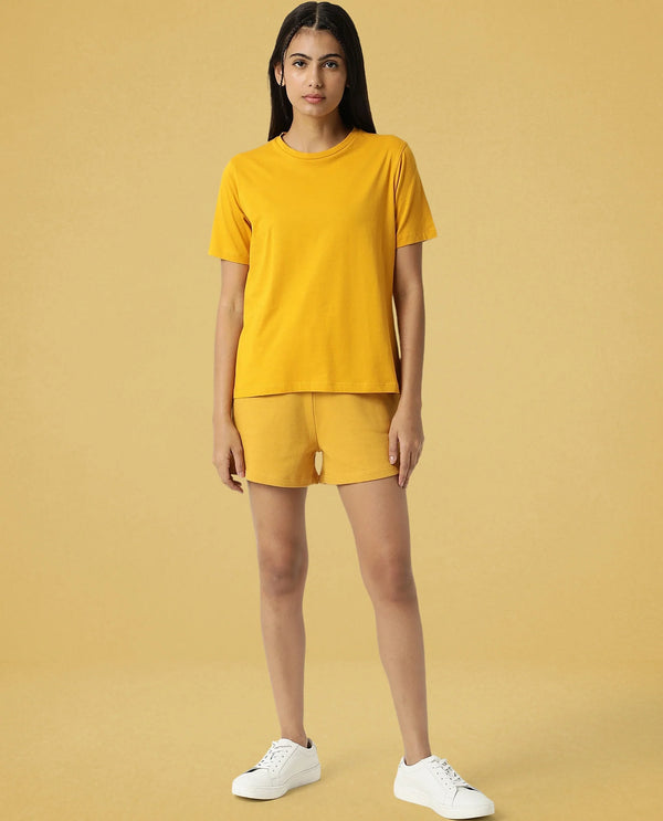 Rareism Women Ciri Mustard Cotton Poly Fabric Relaxed Fit Solid Mid Rise Shorts
