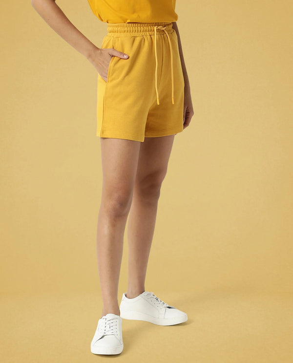 Rareism Women Ciri Mustard Cotton Poly Fabric Relaxed Fit Solid Mid Rise Shorts
