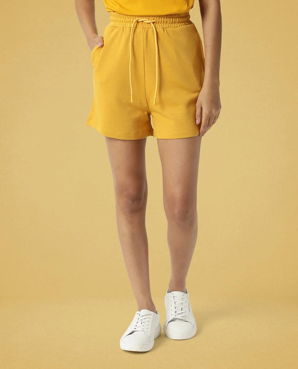 Rareism Women Ciri Mustard Cotton Poly Fabric Relaxed Fit Solid Mid Rise Shorts