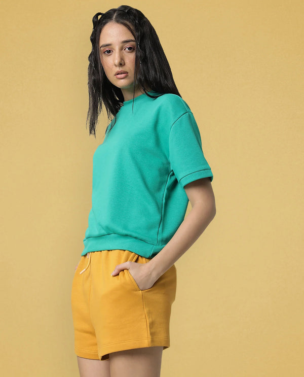 Rareism Women Ciri Mustard Cotton Poly Fabric Relaxed Fit Solid Mid Rise Shorts