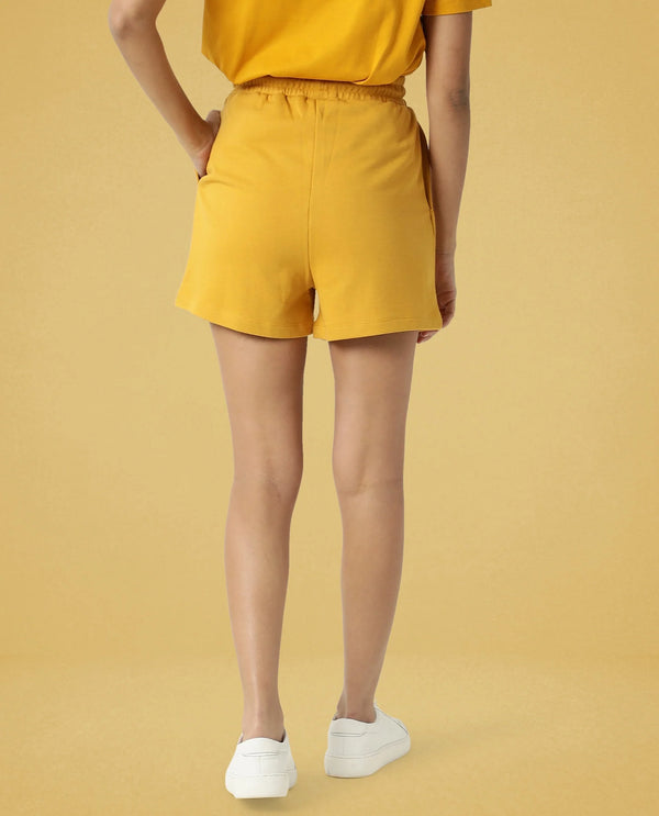 Rareism Women Ciri Mustard Cotton Poly Fabric Relaxed Fit Solid Mid Rise Shorts
