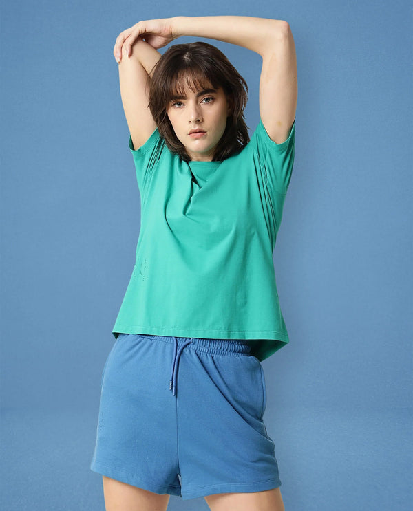 Rareism Women Ciri Petrol Cotton Poly Fabric Relaxed Fit Solid Mid Rise Shorts