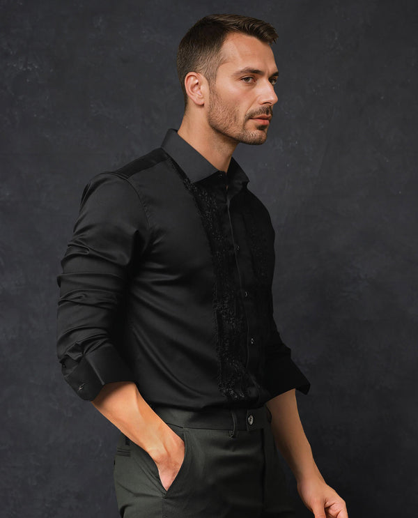 Rare Rabbit Men's Ciro Black Cotton Fabric Embroidered Lace Detail Full Sleeves Shirt