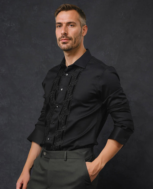 Rare Rabbit Men's Ciro Black Cotton Fabric Embroidered Lace Detail Full Sleeves Shirt