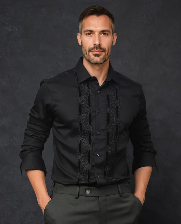 Rare Rabbit Men's Ciro Black Cotton Fabric Embroidered Lace Detail Full Sleeves Shirt
