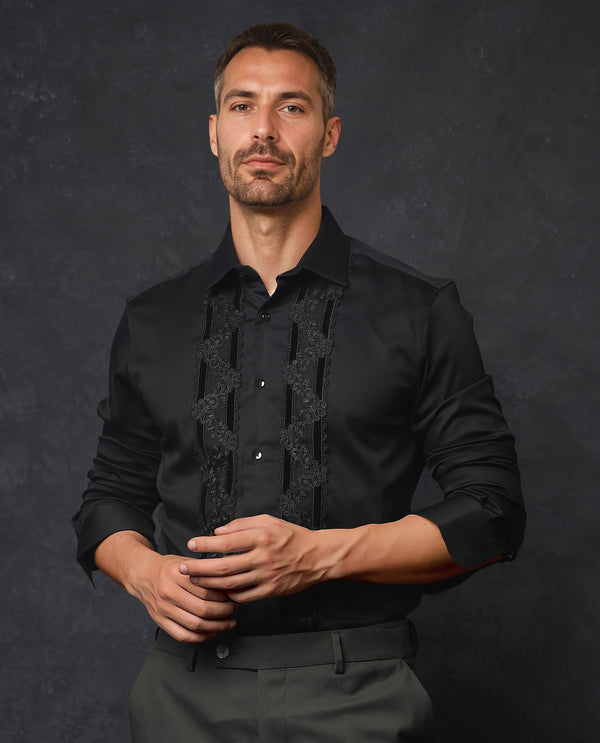 Rare Rabbit Men's Ciro Black Cotton Fabric Embroidered Lace Detail Full Sleeves Shirt