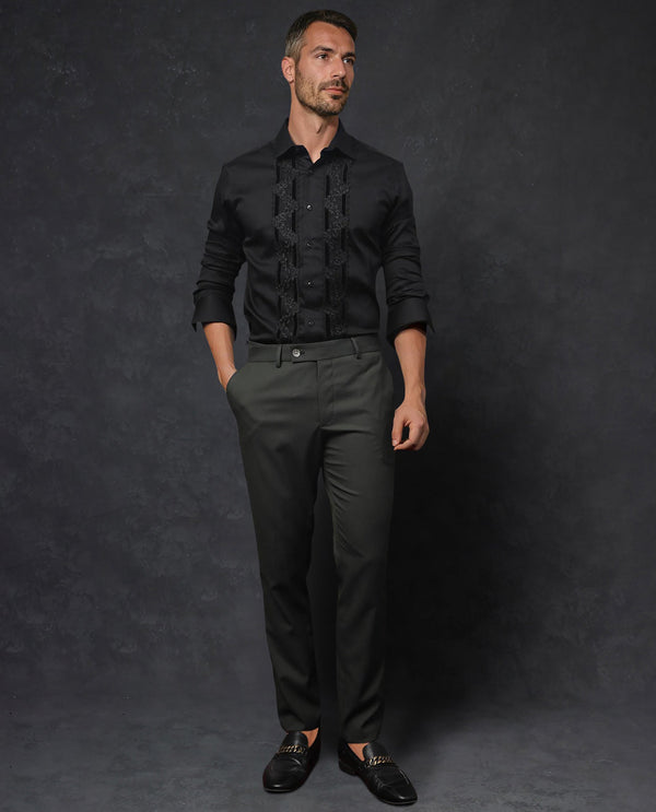 Rare Rabbit Men's Ciro Black Cotton Fabric Embroidered Lace Detail Full Sleeves Shirt