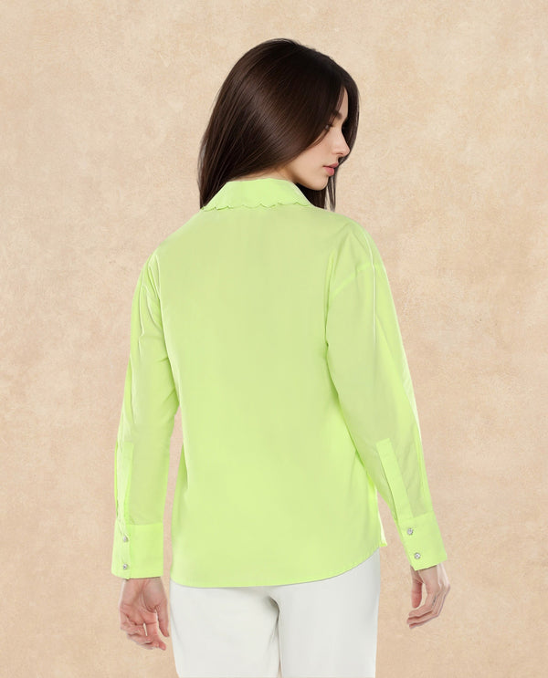 Rareism Women Citta Flouroscent Green Cuffed Sleeves Collared Neck Button Closure Plain Shirt