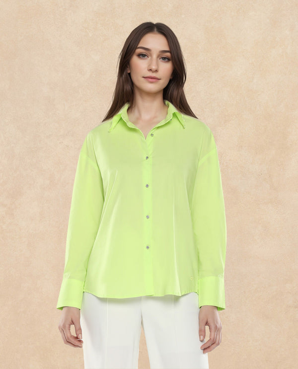 Rareism Women Citta Flouroscent Green Cuffed Sleeves Collared Neck Button Closure Plain Shirt